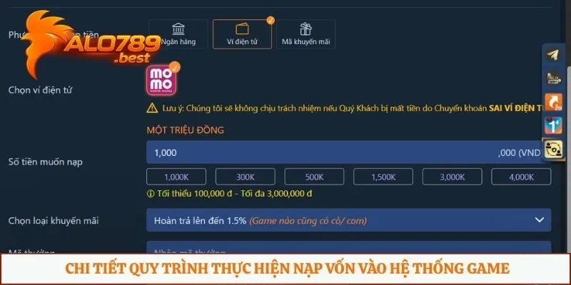 Chi tiết quy trình thực hiện nạp vốn vào hệ thống game